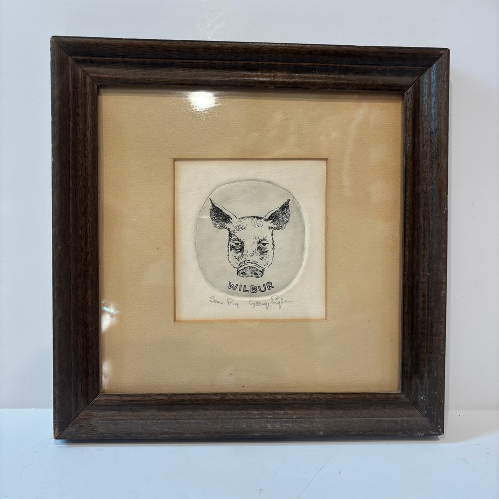 George Engle Signed Etching Wilbur Some Pig Charlotte's Web Framed Art 8x8